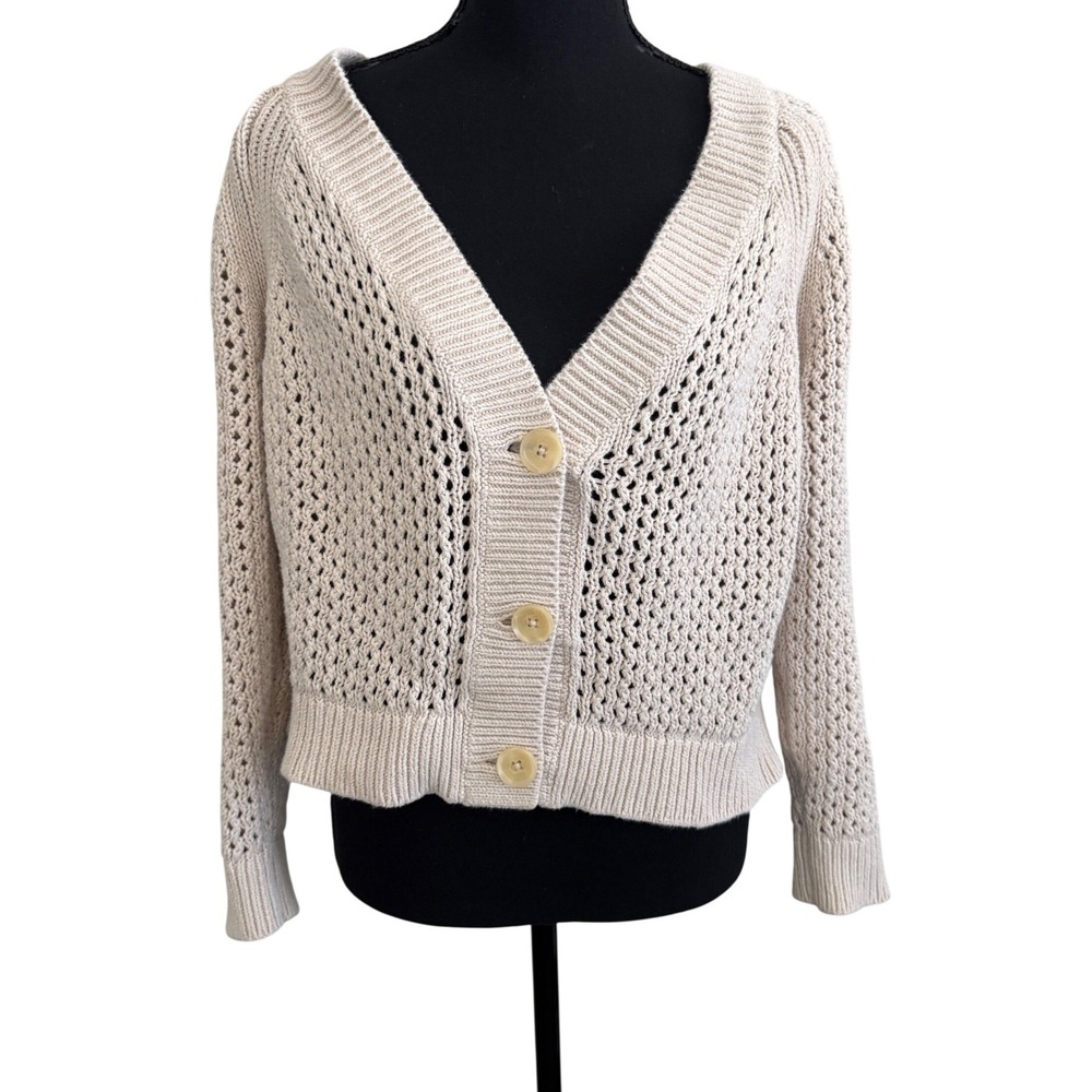 Express Womens Beige Pointelle Crochet Cardigan S Beach Coastal Grandma Boho